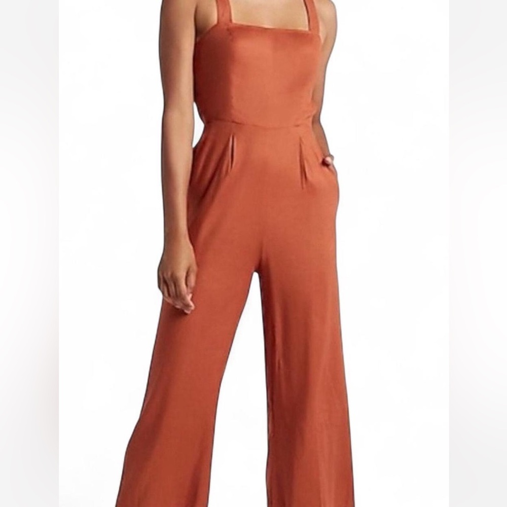 Express Women’s Small Linen Blend Peekaboo Back Bow Elegant Summer Rust Jumpsuit